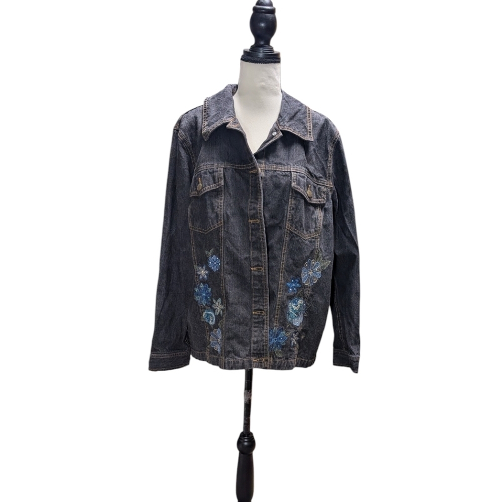 Denim&Co Dark Jean Jacket with Blue Embroidery - Picture 2 of 7